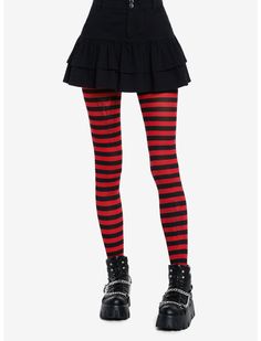 Black & Red Stripe Tights | Hot Topic Red And Black Tights, Edgy Red Bottoms For Halloween, Gothic Red Bottoms For Halloween, Black Stretch Emo Leggings, Red Fitted Grunge Bottoms, Fitted Red Alternative Bottoms, Fitted Red Alternative Style Bottoms, Goth Tights, Danganronpa Aesthetic