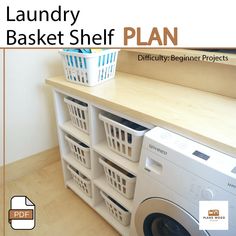 a laundry basket shelf next to a washer and dryer