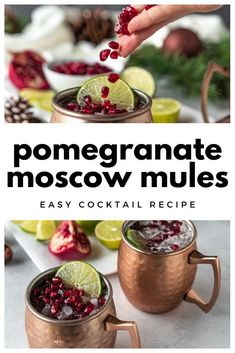 pomegranate moscow mules in copper mugs with lime slices and pomegranate