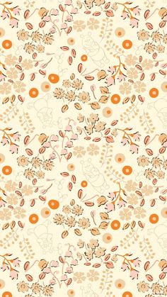 an orange and white floral pattern on a beige background with leaves, flowers, and dots