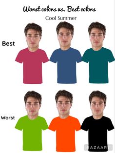 four different colored men's t - shirts with the words cool summer, best worst worst