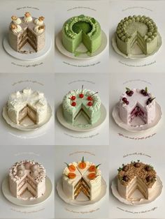 nine different types of cakes on plates