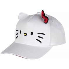 Show your love for Hello Kitty with this adorable, snapback hat. This white hat features the Hello Kitty face embroidered on the front with her sweet whiskers and charming expression. But that is not all; this snapback hat also boasts 3D ears and her signature red bow, adding an extra dimension to your style. Constructed with high-quality materials, this Hello Kitty Snapback Hat is stylish and comfortable to wear. The adjustable snapback closure ensures a secure and customizable fit for various Playful White Trucker Hat, Cute White Snapback Hat With Curved Brim, Playful White Snapback Trucker Hat, Cute White Baseball Cap With Curved Brim, Cute White Adjustable Snapback Hat, Fun White Snapback Hat With Flat Bill, White Fun Snapback Hat With Flat Bill, Fun White Snapback Baseball Cap, Cute Adjustable White Snapback Hat