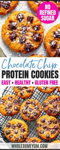 chocolate chip protein cookies on a cooling rack with the words, nourishment sugar