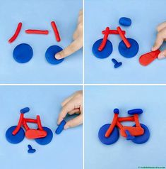 four pictures of different shapes and sizes of plastic toys, including a toy bike with wheels