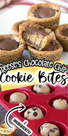 there are several cookies in the muffin tins and one has chocolate chip cookie bites