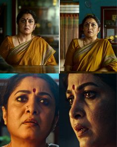 four different pictures of women in sari and blouses, one is looking at the camera