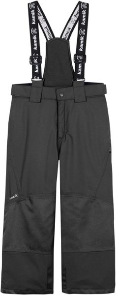 a pair of ski pants with suspends on the legs and one leg in black