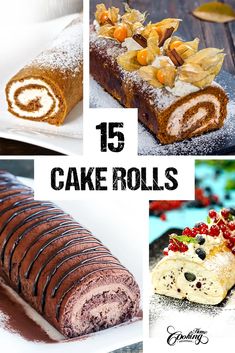 the collage shows different types of cakes and desserts with text overlay that reads 15 cake rolls