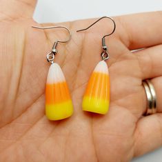 Candy corn charms on stainless steel earring hooks. Orange Novelty Jewelry For Gifts, Orange Novelty Jewelry For Gift, Novelty Orange Jewelry For Gift, Multicolor Halloween Earrings For Gift, Multicolor Halloween Earrings Gift, Fun Orange Jewelry For Gifts, Holiday Earrings, For Her Gifts, Holiday Earring