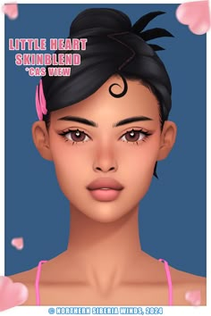 a girl with black hair and pink top on her head, has hearts around her neck