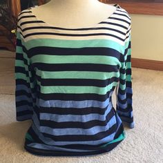 Colorful Striped Shirt 100% Cotton 3/4 Sleeves Length: 25” Casual Blue T-shirt With 3/4 Sleeves, Casual Blue 3/4 Sleeve T-shirt, Casual Multicolor Shirt With 3/4 Sleeves, Striped Shirt, Shirt Color, Colorful Shirts, Blue Green, Color Blue, Womens Tops