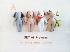 four stuffed animals sitting on top of each other in front of a white background with the words set of 4 pieces