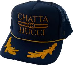 The famous "Chattahucci Snapback Cap" by Vinyl Ranch features our classic design on a premium foam trucker cap with yellow-gold embroidery. Check out the full Chattahucci Collection Gold Trucker Hat For Streetwear, Gold Snapback Trucker Hat For Streetwear, Adjustable Gold Trucker Hat For Streetwear, Gold Embroidery, Snapback Cap, Trucker Cap, Classic Looks, Classic Design, Yellow Gold