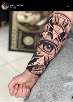 a man's arm with a clock and eye tattoo on it