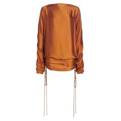 A Rich Burnt Orange Hue Finished In Sumptuous Satin Offers A Liquid Feel To This Long-Sleeve Boatneck Mini Dress, Designed With Functional Side Ruching That Works To Raise Or Lower The Length Of The Dress. Turn To Reveal A Plunging V-Back Cut That Finishes The Piece With A Dramatic Appeal. Boatneck Long Draped Sleeves Ruched Drawstring Blouson Hem Plunging V-Back Satin Finish Cupro Dry Clean Made In Usa Size & Fit Oversized Fit About 35" From Shoulder To Hem Black Line Drawn To Prevent Store Ret Long Drapes, Draped Sleeves, Color Trends Fashion, Laquan Smith, Snake Print Dress, Ruched Mini Dress, Drape Sleeves, Strapless Midi Dress, Black Line