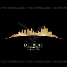 detroit michigan city skyline silhouette on black background with gold foiling and text, this is the