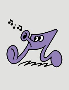 a purple cartoon character with musical notes coming out of it's mouth and eyes