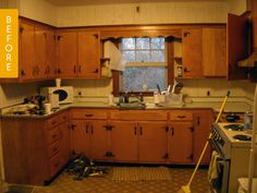 a kitchen with wooden cabinets and white appliances