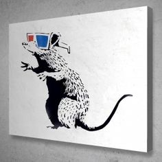 a drawing of a rat with glasses on it's head is mounted to the wall