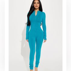 Fashionnova Wash Jumpsuit Teal In Color Long Sleeve, Mock Neck, Functional Front Zipper, Legging, Stretch 95%Cotton, 5%Spandex Blue Stretch Jumpsuit With Long Sleeves, Fitted Blue Unitard For Loungewear, Blue Fitted Unitard For Loungewear, Blue Lounge Unitard, Blue Unitard For Loungewear, Blue Bodysuit For Loungewear, Fashion Nova Pants, Front Zipper, Mock Neck