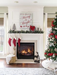 a decorated christmas tree in front of a fireplace