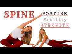 two women in red and white outfits are doing yoga poses with the words, spin posture mobility strength