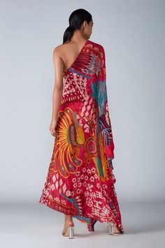 Shop for Saaksha and Kinni Pink Satin Abstract Bird Print Kaftan Dress for Women Online at Aza Fashions One Shoulder Kaftan Dress, One Shoulder Kaftan, Indian Fabrics, Stone Embroidery, Blouse Yoke, Abstract Bird, Luxe Boho, Indian Fabric, Satin Color