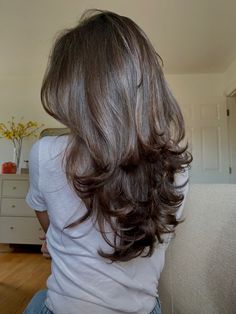 Hair • Long layers • Face framing angles • Natural Color Layered Angled Haircut, Long Layers And Angles Haircuts, Long Soft Layers With Curtain Bangs, Hair Cuts Girls Long, Hair Cuts Inspo Layers, 90s Layered Hair Long Brunette, Layers In Brown Hair, Angle To Frame Face Haircut, Face Framing Layers Blowout