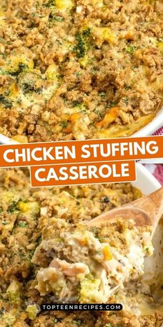 chicken stuffing casserole in a white dish with a wooden spoon on the side