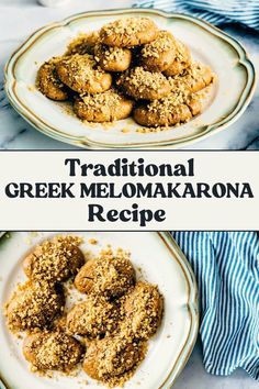 traditional greek melomakrarona recipe on a plate with the title above it