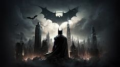 the dark knight rises movie poster with batman standing in front of cityscape at night