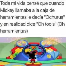 an image of mickey mouse in front of a cartoon character with the caption that reads,