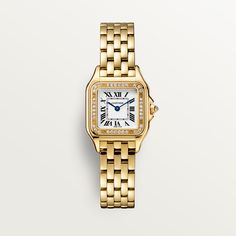 Montre Panthère de Cartier, petit modèle, mouvement à quartz. Boîte et couronne en or jaune 750/1000 serties de 37 diamants taille brillant pour un total de 0,27 carat. Dimensions : 22 mm x 30 mm, épaisseur : 6 mm, cadran argenté, aiguilles en forme de glaive en acier bleui, bracelet en or jaune 750/1000. Étanche à 3 bar (~30 mètres). Photo non contractuelle (la longueur du bracelet de la montre peut varier légèrement). Cartier Gold Watch, Cartier Watches Women, Gold Watches Women, Paris Mode, Cartier Watch