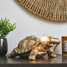 a lamp sitting on top of a wooden table next to a potted plant and vase