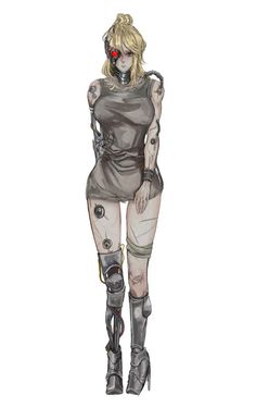 a drawing of a woman in futuristic garb and boots with her hands on her hips