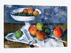 a painting of fruit in a bowl and on a table cloth next to a pitcher