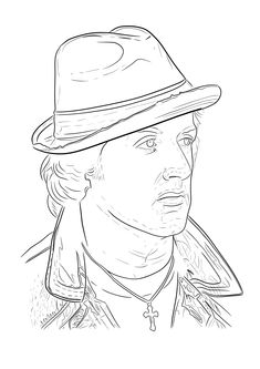 a black and white drawing of a man wearing a hat