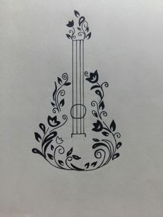 a drawing of a guitar with vines and leaves on it