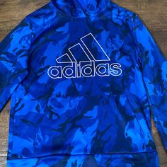 Brand New Blue Adidas Sweatshirt Blue Moisture-wicking Long Sleeve Hoodie, Blue Sportswear T-shirt With Letter Print, Blue Letter Print Sportswear Tops, Blue Hooded Moisture-wicking Sweatshirt, Blue Hooded Sweatshirt With Moisture-wicking, Blue Moisture-wicking Sweatshirt For Streetwear, Blue Moisture-wicking Hoodie For Fall, Fall Blue Moisture-wicking Hoodie, Blue Hooded Cotton T-shirt