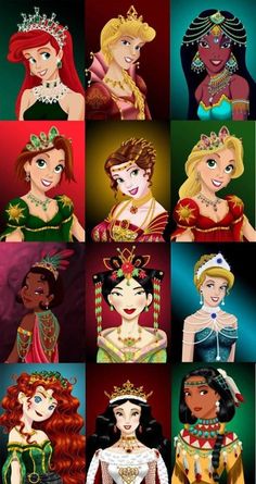 the disney princesses are all wearing tiaras and dresses in their respective colors, from red to green to blue