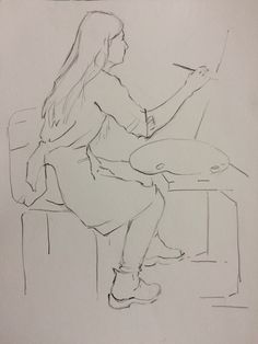 a drawing of a woman sitting at a table with a brush and paper in her hand