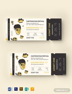 two tickets with the words cartoon film festival written on one side and an image of a man's face