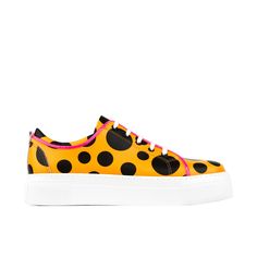 Camila Orange Black Polka Dot is a women's designer sneaker, handcrafted in Italian leather. It is a comfortable, women's luxury trainer and or lug sole sneaker Designer Sneaker, Italian Leather Shoes, Spring Sneakers, London Shoes, Sole Sneakers, Colored Leather, Heeled Loafers, Black Polka Dot, Designer Sneakers