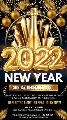 a new year party flyer with gold balloons and confetti