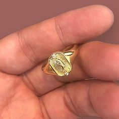 Our Lady of Guadalupe ring in gold. Three sizes available: 6, 7, & 8 Gold Oval Spiritual Rings, Spiritual Gold Oval Rings, Gold Our Lady Of Guadalupe Ring For Anniversary, Spiritual Yellow Gold Our Lady Of Guadalupe Jewelry, Our Lady Of Guadalupe, Lady Of Guadalupe, Our Lady, Jewelry Shop, Ring