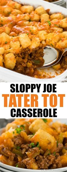 sloppy joe tater tot casserole in a white dish