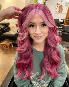 Colored Split Dye, Pink Hair With Highlights, Sherbet Hair, Pink Hair Streaks, Valentine Hair, Pink Hair Dye, Hair Color Underneath, Wine Hair, Hair Streaks