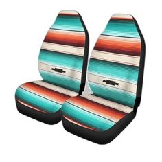 two car seat covers with colorful stripes on the front and rear seats, both facing each other