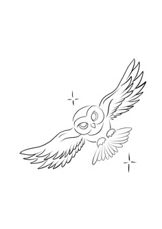 an owl flying in the sky with its wings spread and eyes wide open, drawn by hand